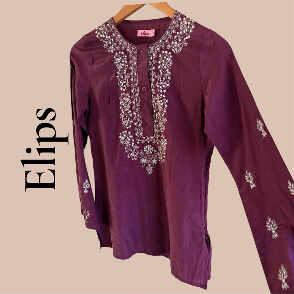 Elips Embellished Plum Kurta Tunic. Size Medium. Missing beads on sleeve. GUC